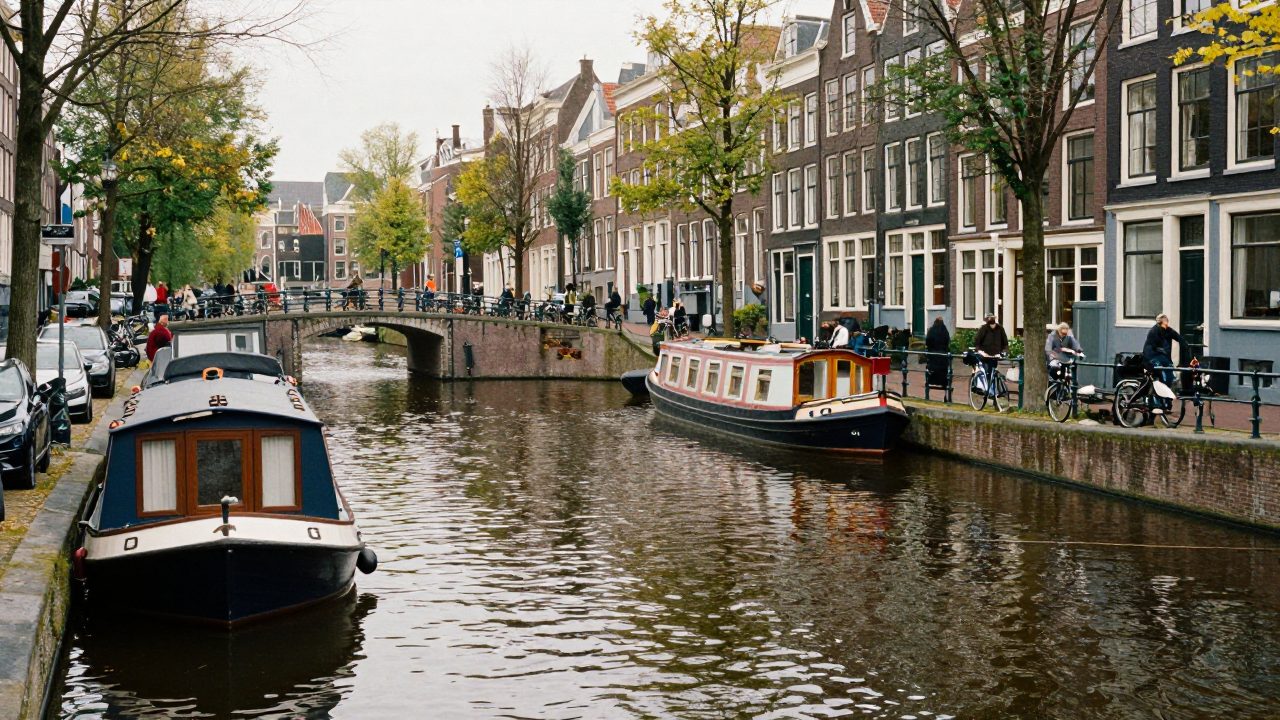 Canal with houseboats and a bridge in Amsterdam