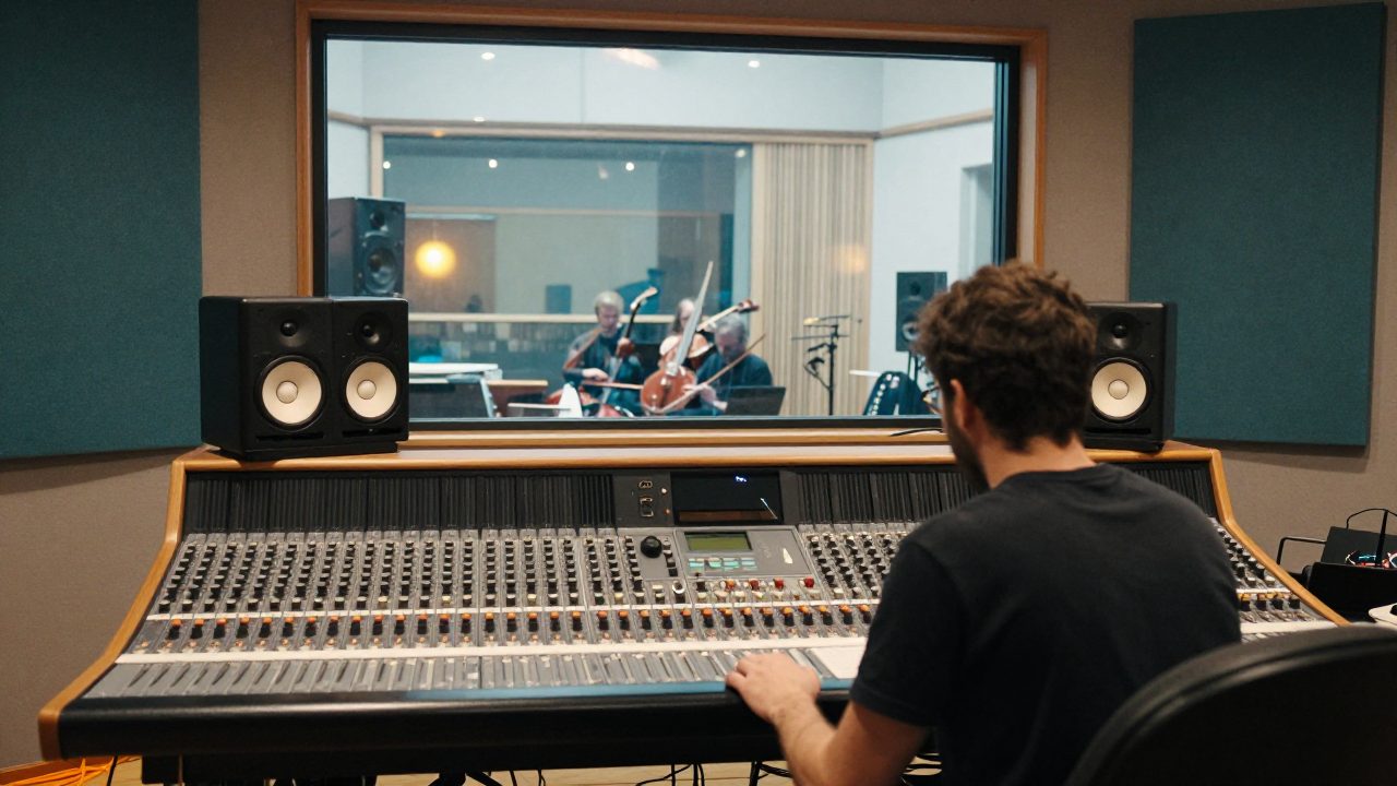 Engineer achter de mengtafel met zicht op de live room