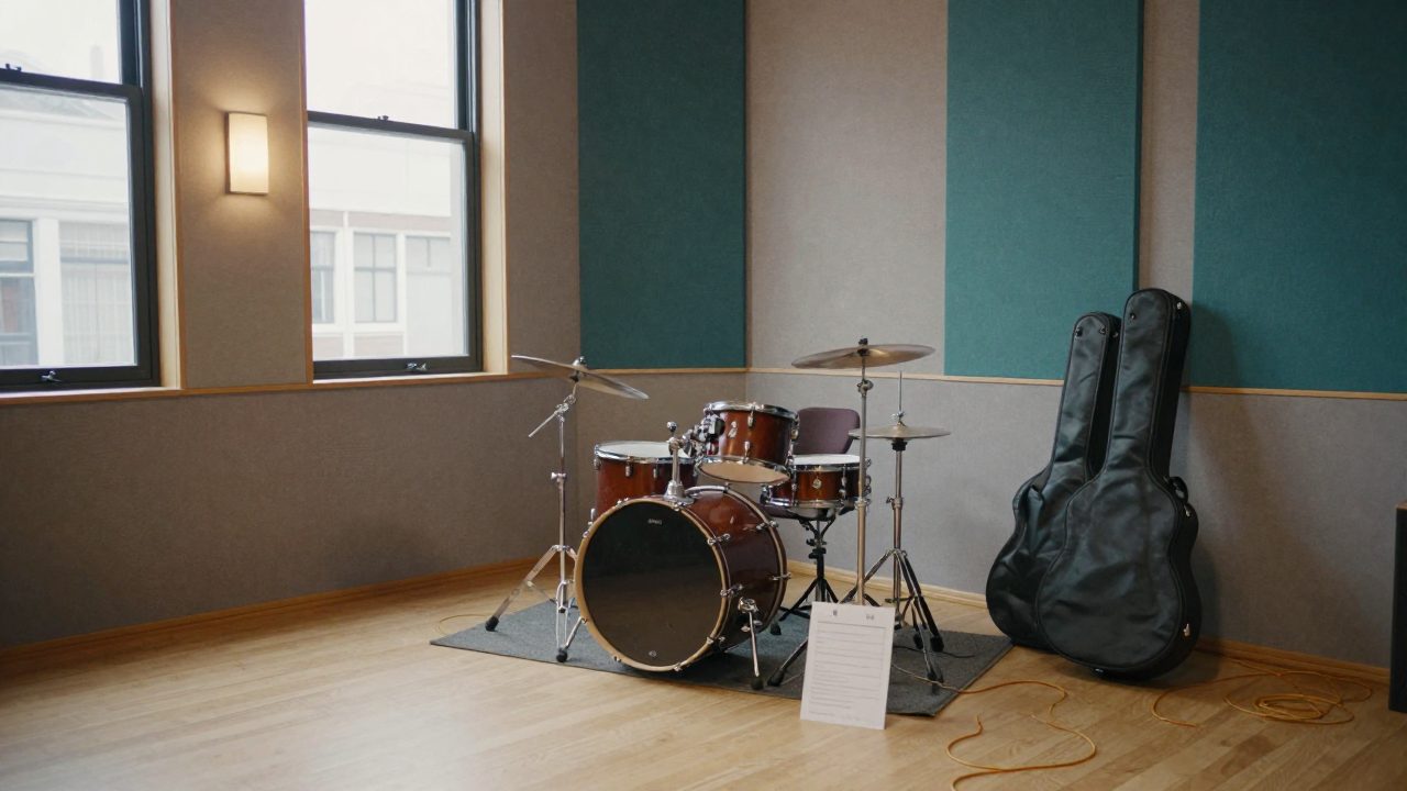 Empty rehearsal corner with drums and guitars set up