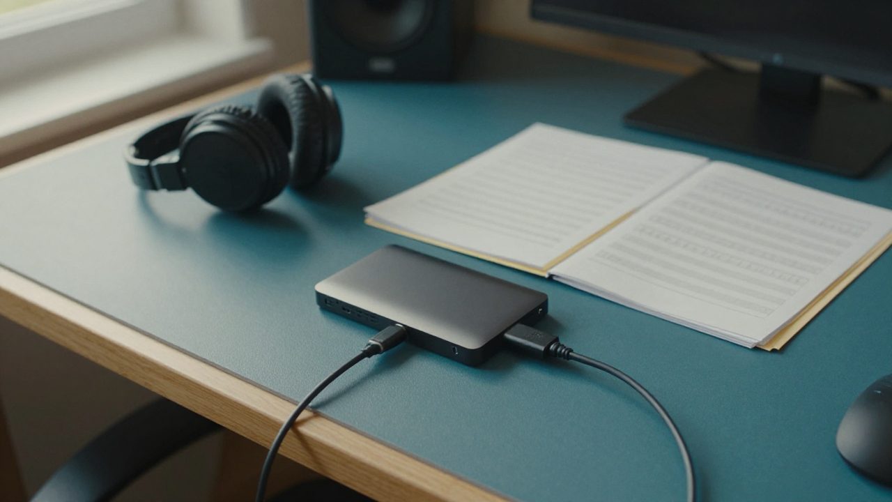 Hard drive, headphones and track sheets on a desk