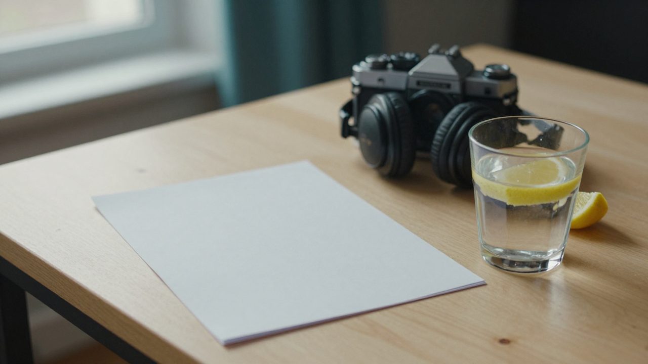 Lemon water, headphones and blank lyric sheet on a table