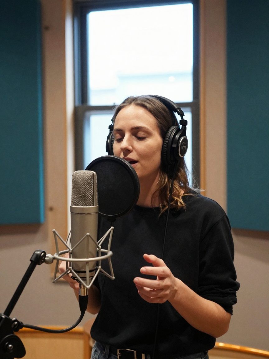Singer with headphones at the microphone in the vocal booth