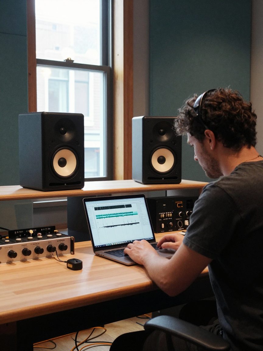 Mastering engineer luistert tussen twee monitor speakers