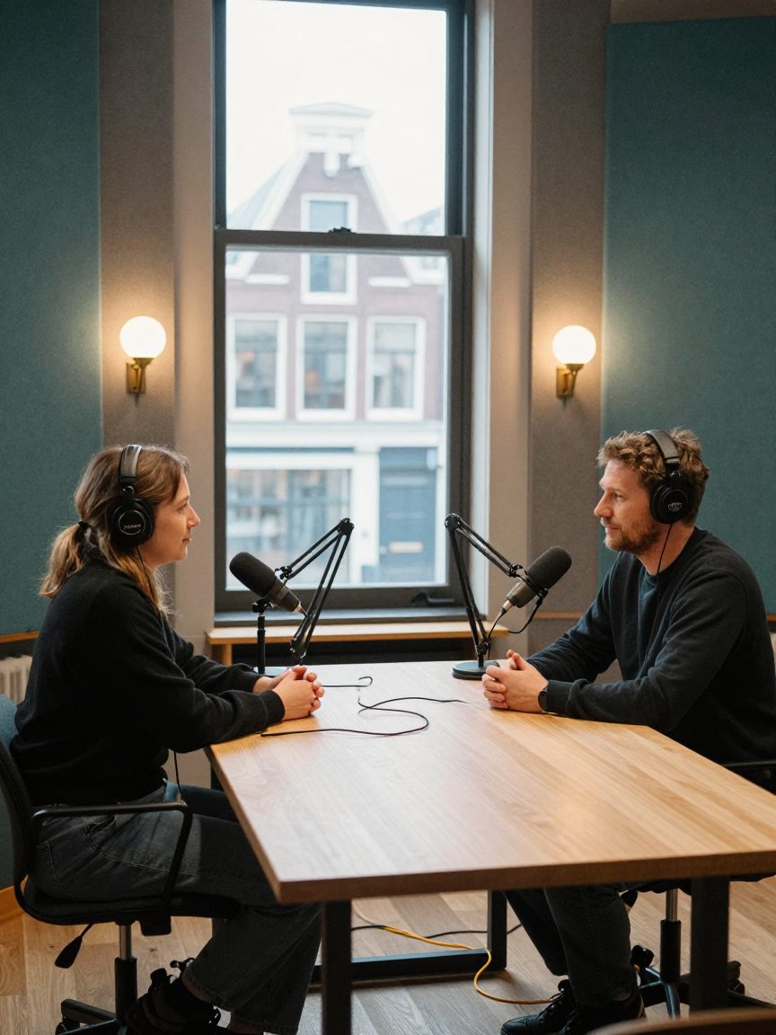 Twee podcastmakers praten achter tafelmicrofoons