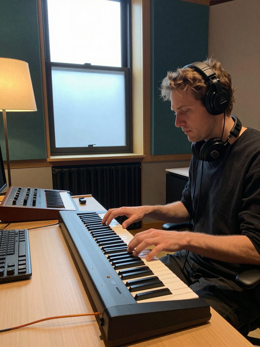 Producer speelt op een MIDI-keyboard in de studio