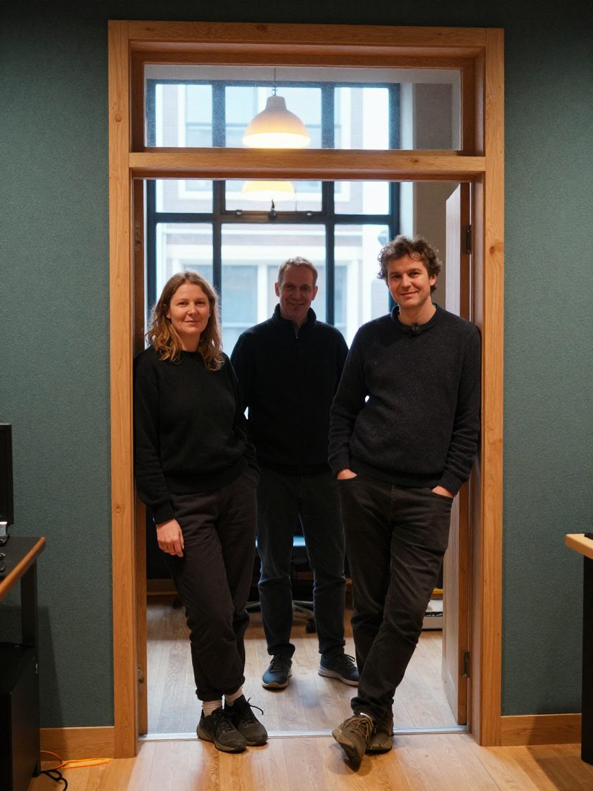 Drie teamleden van Neustonorix bij de studio-ingang