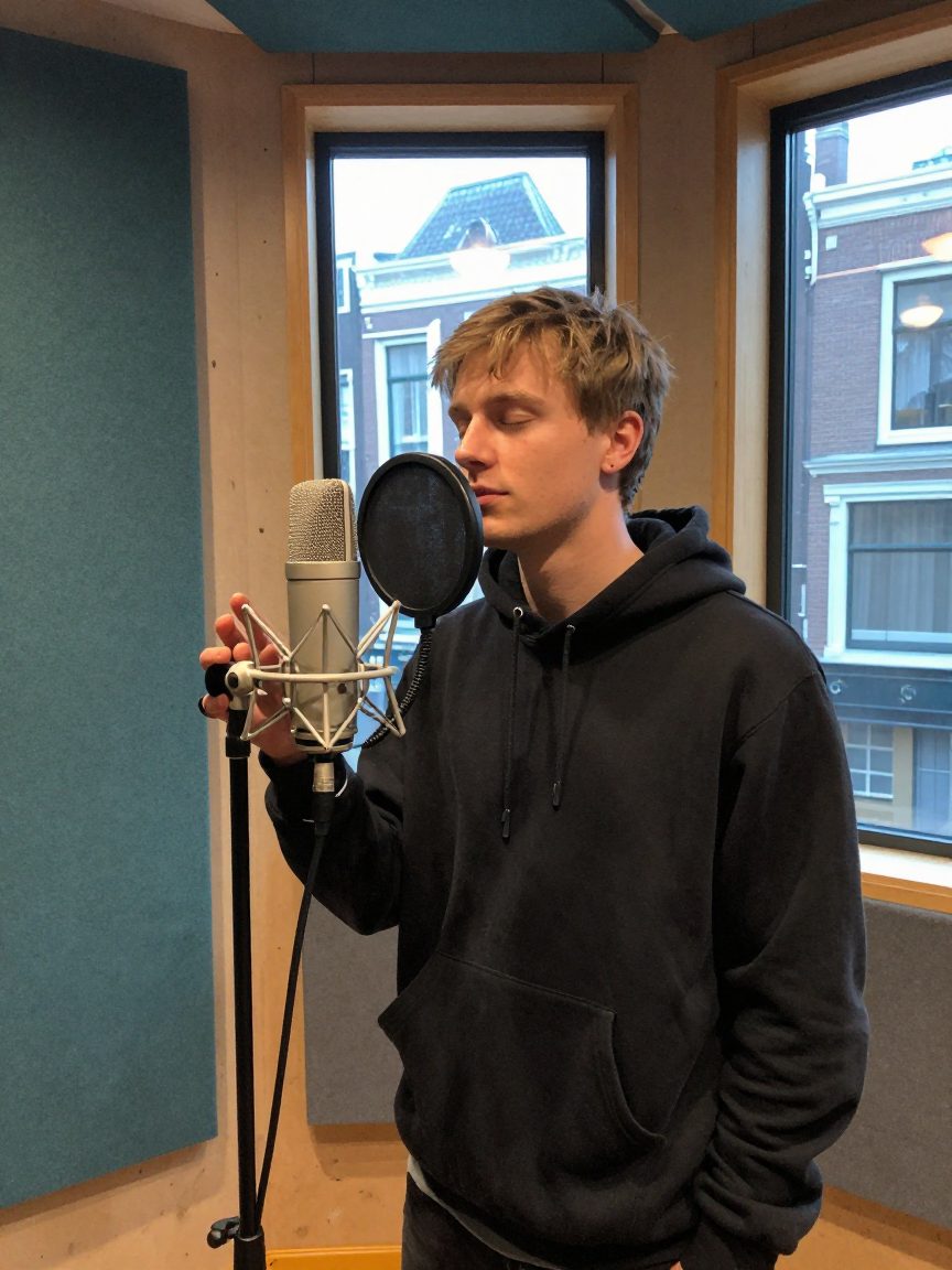 Artiest neemt rap vocals op in de cabine